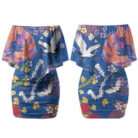 Hawaiian and Japanese Culture Together Couples Matching Off Shoulder Short Dress and Hawaiian Shirt Kakau Tribal Pattern and Irezumi Art Blue Color