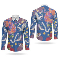 Hawaiian and Japanese Culture Together Couples Matching Short Sleeve Bodycon Dress and Long Sleeve Button Shirt Kakau Tribal Pattern and Irezumi Art Blue Color