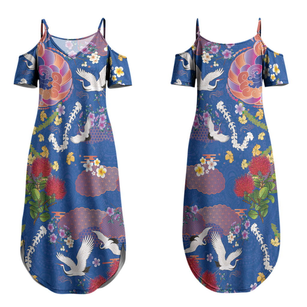 Hawaiian and Japanese Culture Together Couples Matching Summer Maxi Dress and Hawaiian Shirt Kakau Tribal Pattern and Irezumi Art Blue Color