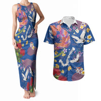 Hawaiian and Japanese Culture Together Couples Matching Tank Maxi Dress and Hawaiian Shirt Kakau Tribal Pattern and Irezumi Art Blue Color