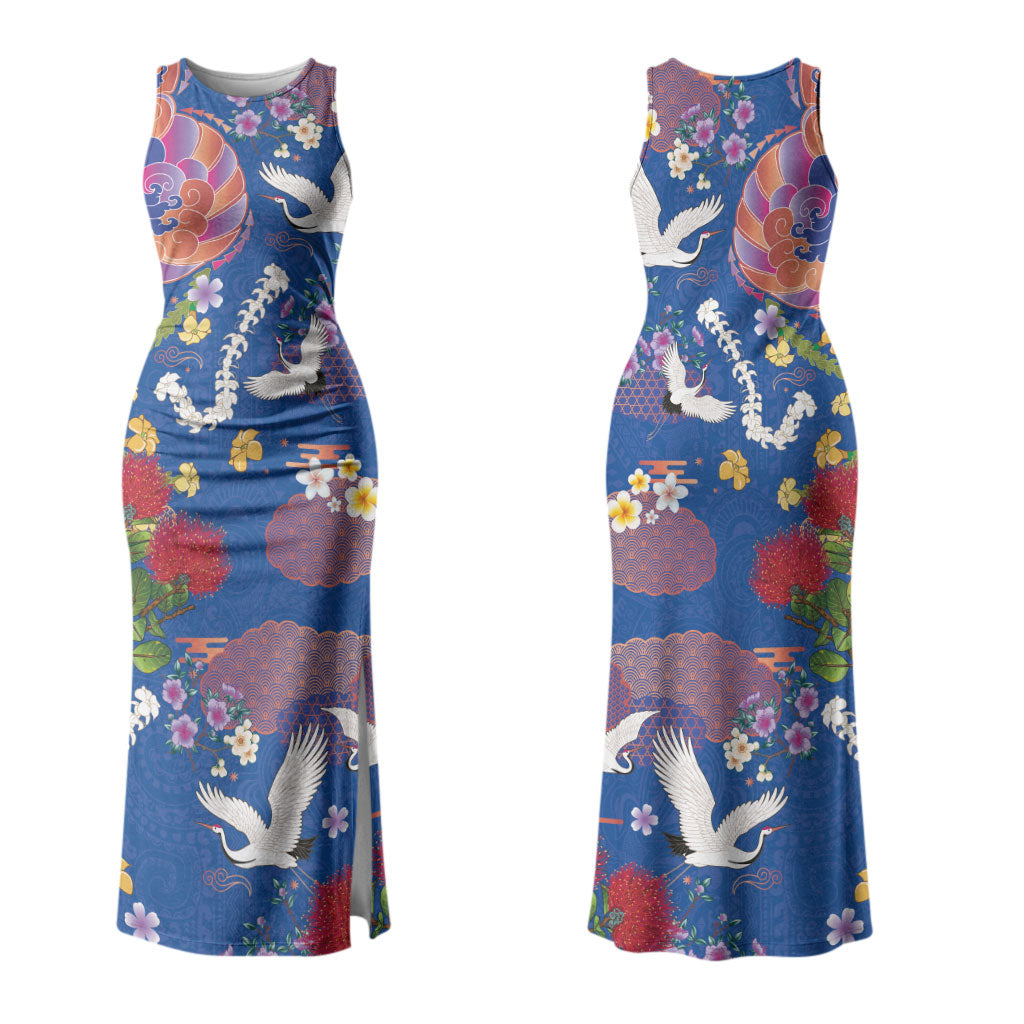Hawaiian and Japanese Culture Together Couples Matching Tank Maxi Dress and Hawaiian Shirt Kakau Tribal Pattern and Irezumi Art Blue Color