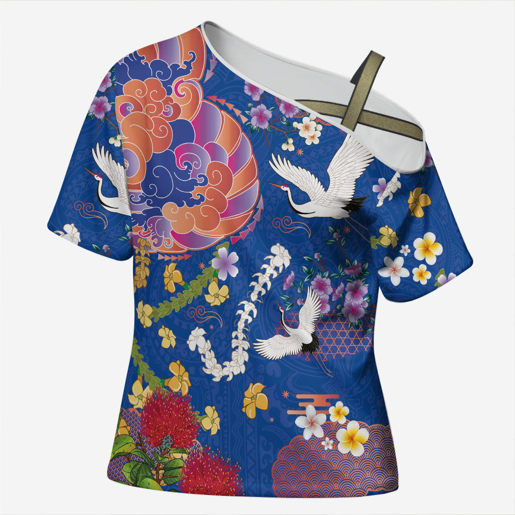 Hawaiian and Japanese Culture Together Cross Shoulder Shirt Kakau Tribal Pattern and Irezumi Art Blue Color