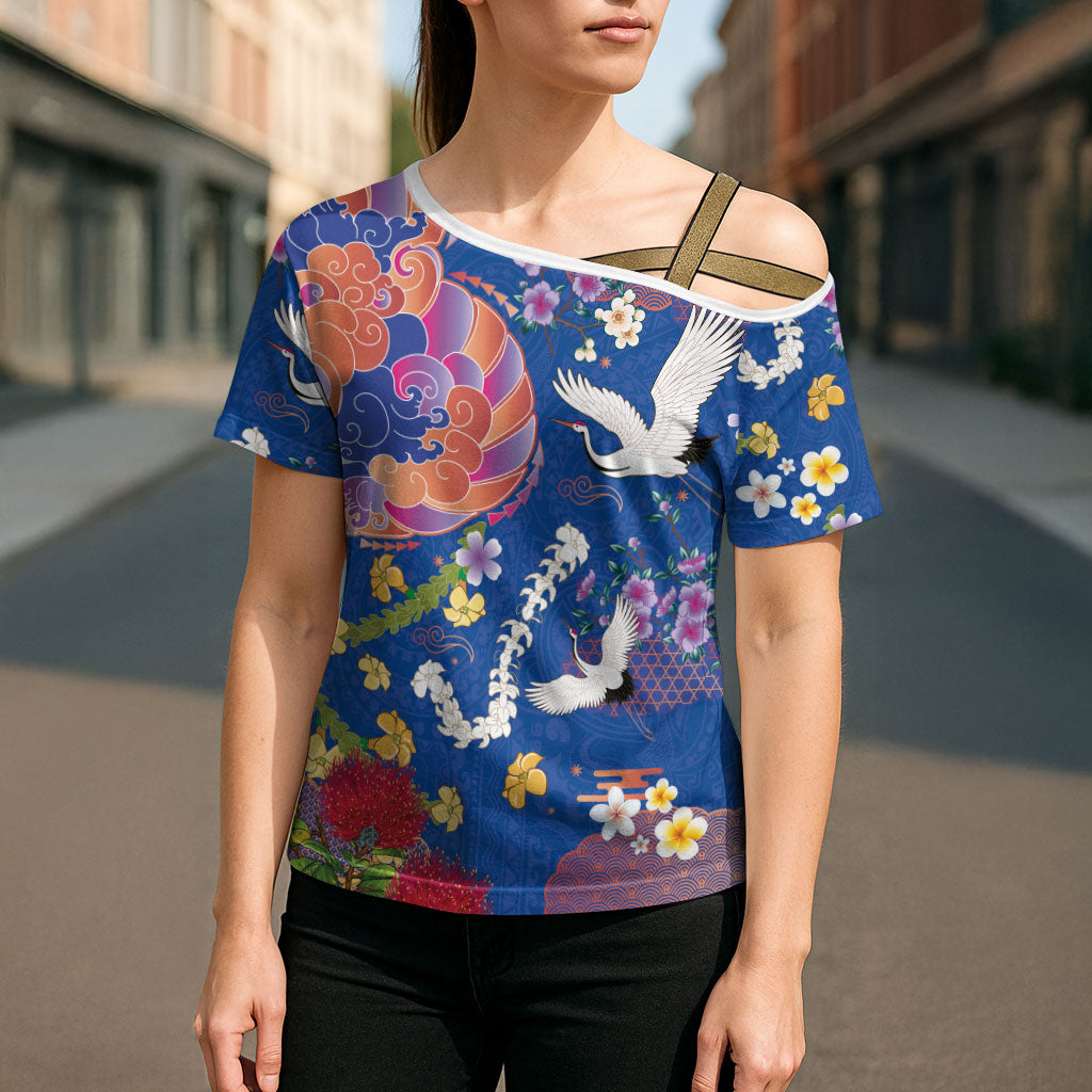 Hawaiian and Japanese Culture Together Cross Shoulder Shirt Kakau Tribal Pattern and Irezumi Art Blue Color