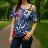 Hawaiian and Japanese Culture Together Cross Shoulder Shirt Kakau Tribal Pattern and Irezumi Art Blue Color