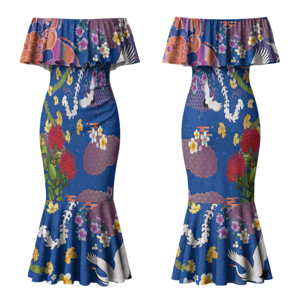 Hawaiian and Japanese Culture Together Family Matching Mermaid Dress and Hawaiian Shirt Kakau Tribal Pattern and Irezumi Art Blue Color