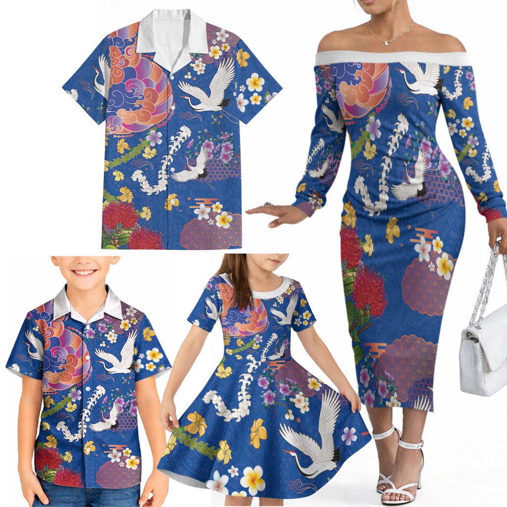 Hawaiian and Japanese Culture Together Family Matching Off The Shoulder Long Sleeve Dress and Hawaiian Shirt Kakau Tribal Pattern and Irezumi Art Blue Color