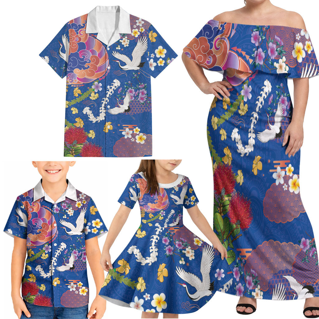 Hawaiian and Japanese Culture Together Family Matching Off Shoulder Maxi Dress and Hawaiian Shirt Kakau Tribal Pattern and Irezumi Art Blue Color