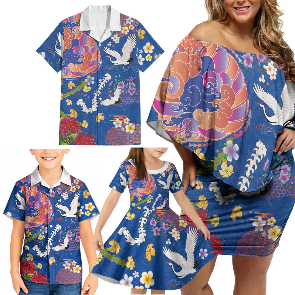 Hawaiian and Japanese Culture Together Family Matching Off Shoulder Short Dress and Hawaiian Shirt Kakau Tribal Pattern and Irezumi Art Blue Color