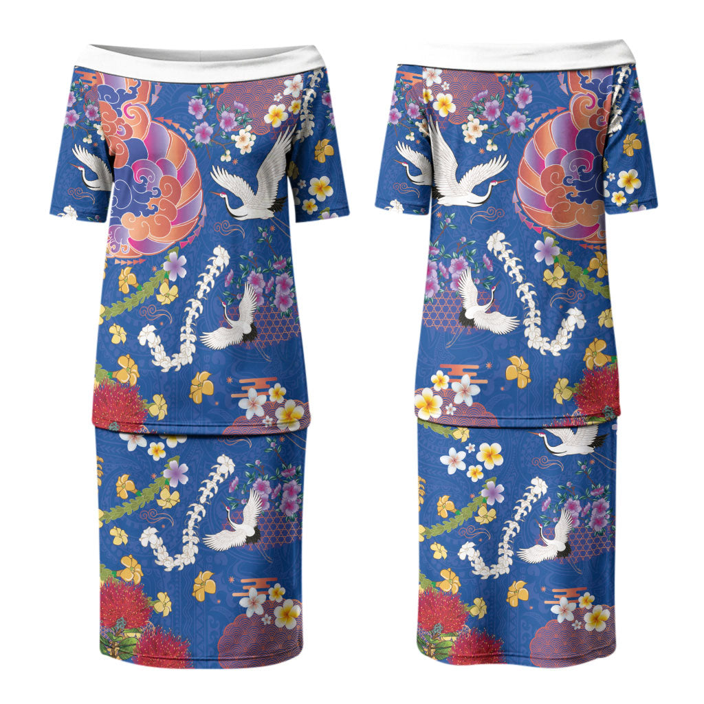Hawaiian and Japanese Culture Together Family Matching Puletasi and Hawaiian Shirt Kakau Tribal Pattern and Irezumi Art Blue Color