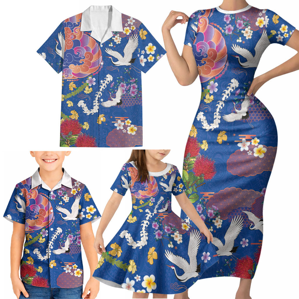 Hawaiian and Japanese Culture Together Family Matching Short Sleeve Bodycon Dress and Hawaiian Shirt Kakau Tribal Pattern and Irezumi Art Blue Color