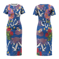 Hawaiian and Japanese Culture Together Family Matching Short Sleeve Bodycon Dress and Hawaiian Shirt Kakau Tribal Pattern and Irezumi Art Blue Color
