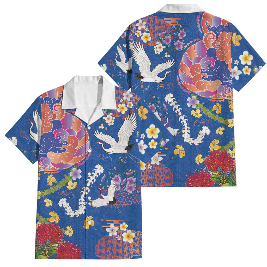 Hawaiian and Japanese Culture Together Family Matching Short Sleeve Bodycon Dress and Hawaiian Shirt Kakau Tribal Pattern and Irezumi Art Blue Color