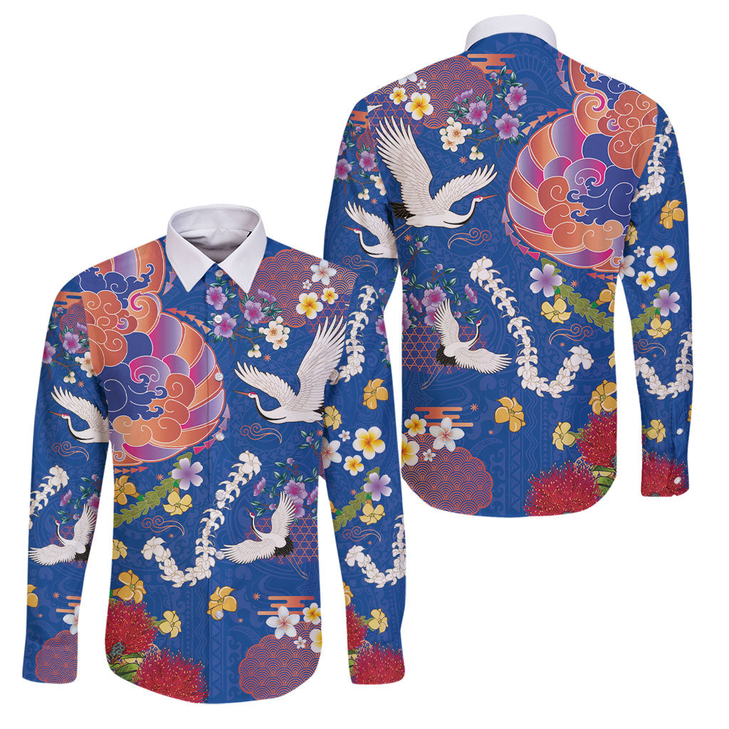 Hawaiian and Japanese Culture Together Family Matching Summer Maxi Dress and Hawaiian Shirt Kakau Tribal Pattern and Irezumi Art Blue Color