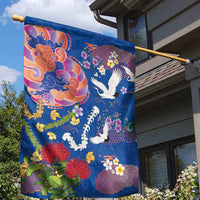 Hawaiian and Japanese Culture Together Garden Flag Kakau Tribal Pattern and Irezumi Art Blue Color