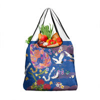 Hawaiian and Japanese Culture Together Grocery Bag Kakau Tribal Pattern and Irezumi Art Blue Color