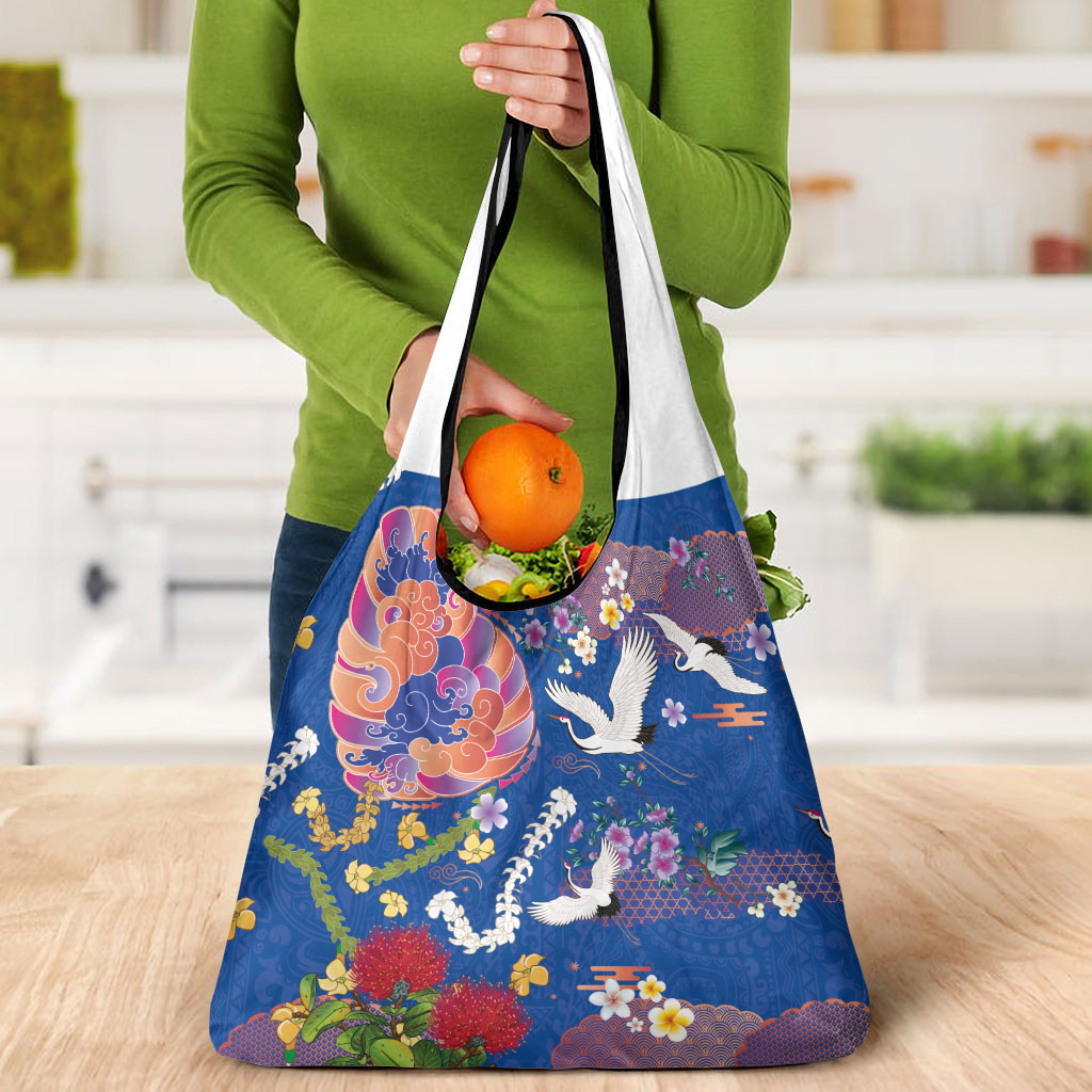 Hawaiian and Japanese Culture Together Grocery Bag Kakau Tribal Pattern and Irezumi Art Blue Color