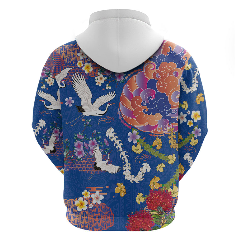 Hawaiian and Japanese Culture Together Hoodie Kakau Tribal Pattern and Irezumi Art Blue Color