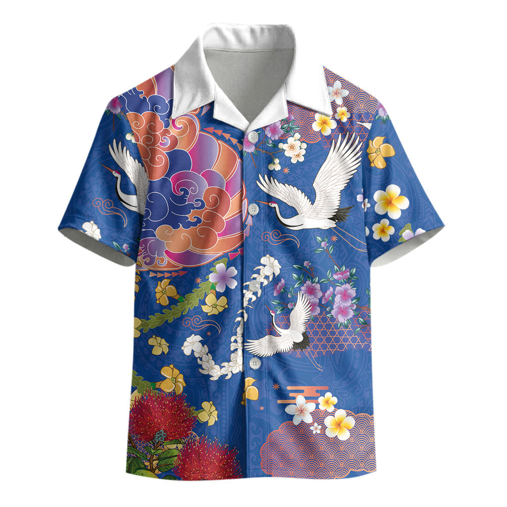 Hawaiian and Japanese Culture Together Kid Hawaiian Shirt Kakau Tribal Pattern and Irezumi Art Blue Color