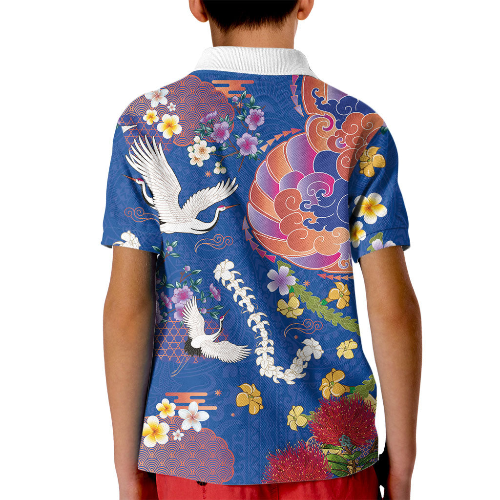 Hawaiian and Japanese Culture Together Kid Polo Shirt Kakau Tribal Pattern and Irezumi Art Blue Color