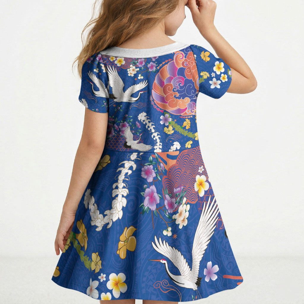 Hawaiian and Japanese Culture Together Kid Short Sleeve Dress Kakau Tribal Pattern and Irezumi Art Blue Color