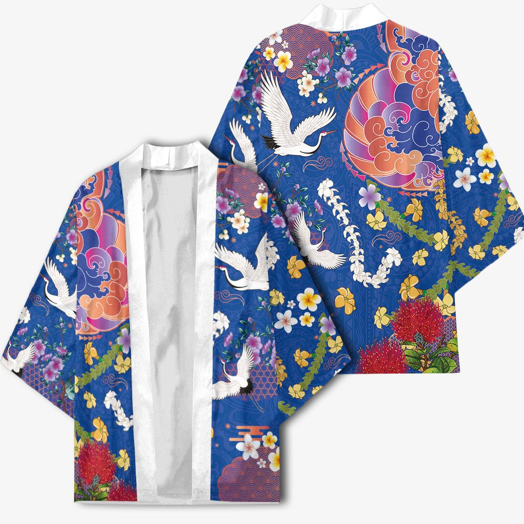 Hawaiian and Japanese Culture Together Kimono Kakau Tribal Pattern and Irezumi Art Blue Color