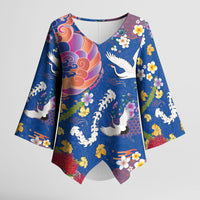 Hawaiian and Japanese Culture Together Kimono Sleeve Blouse Kakau Tribal Pattern and Irezumi Art Blue Color