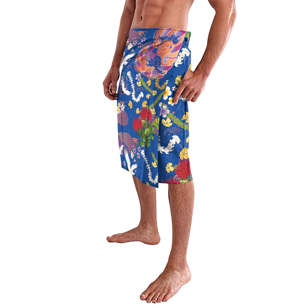 Hawaiian and Japanese Culture Together Lavalava Kakau Tribal Pattern and Irezumi Art Blue Color