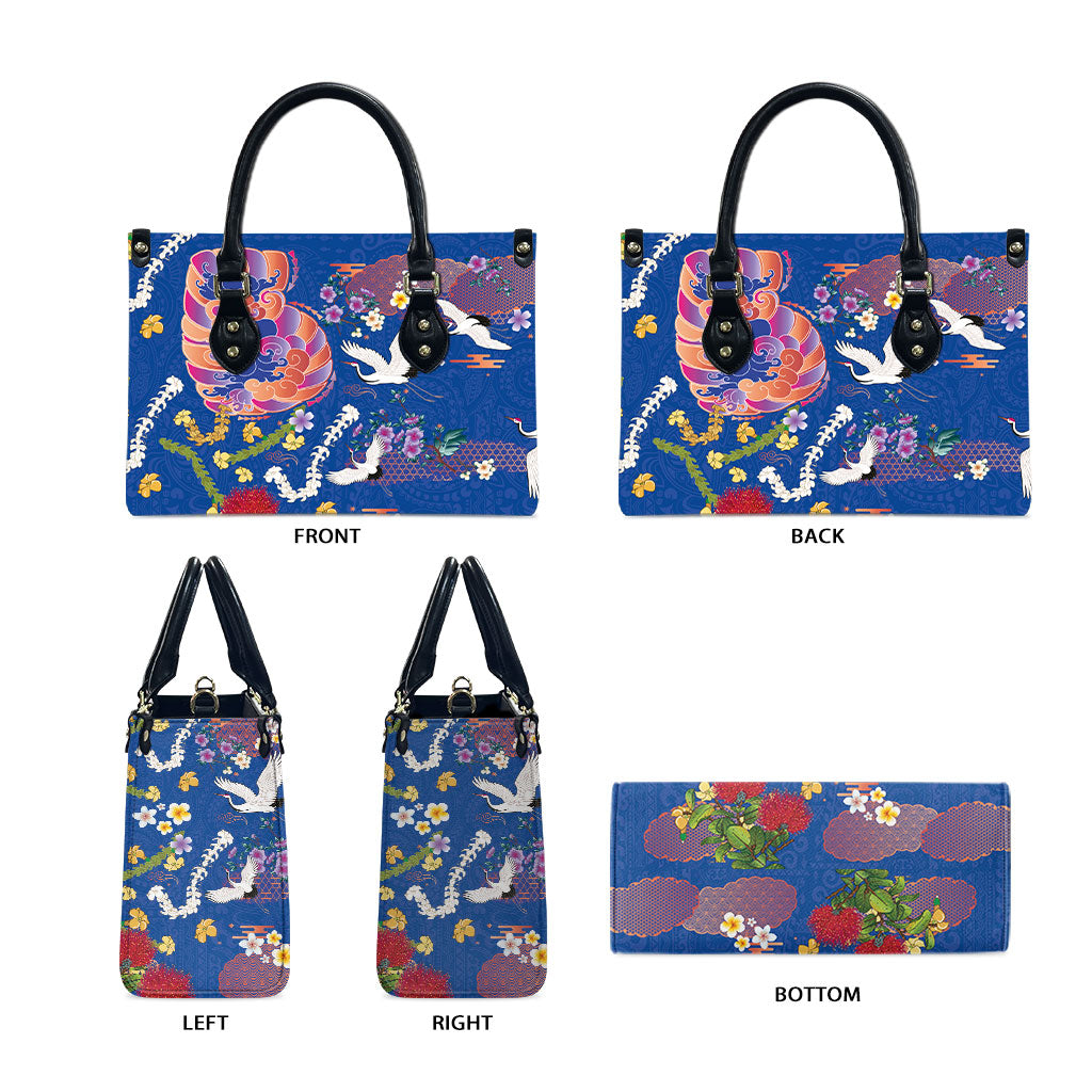 Hawaiian and Japanese Culture Together Leather Bag Kakau Tribal Pattern and Irezumi Art Blue Color