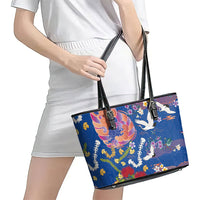 Hawaiian and Japanese Culture Together Leather Tote Bag Kakau Tribal Pattern and Irezumi Art Blue Color