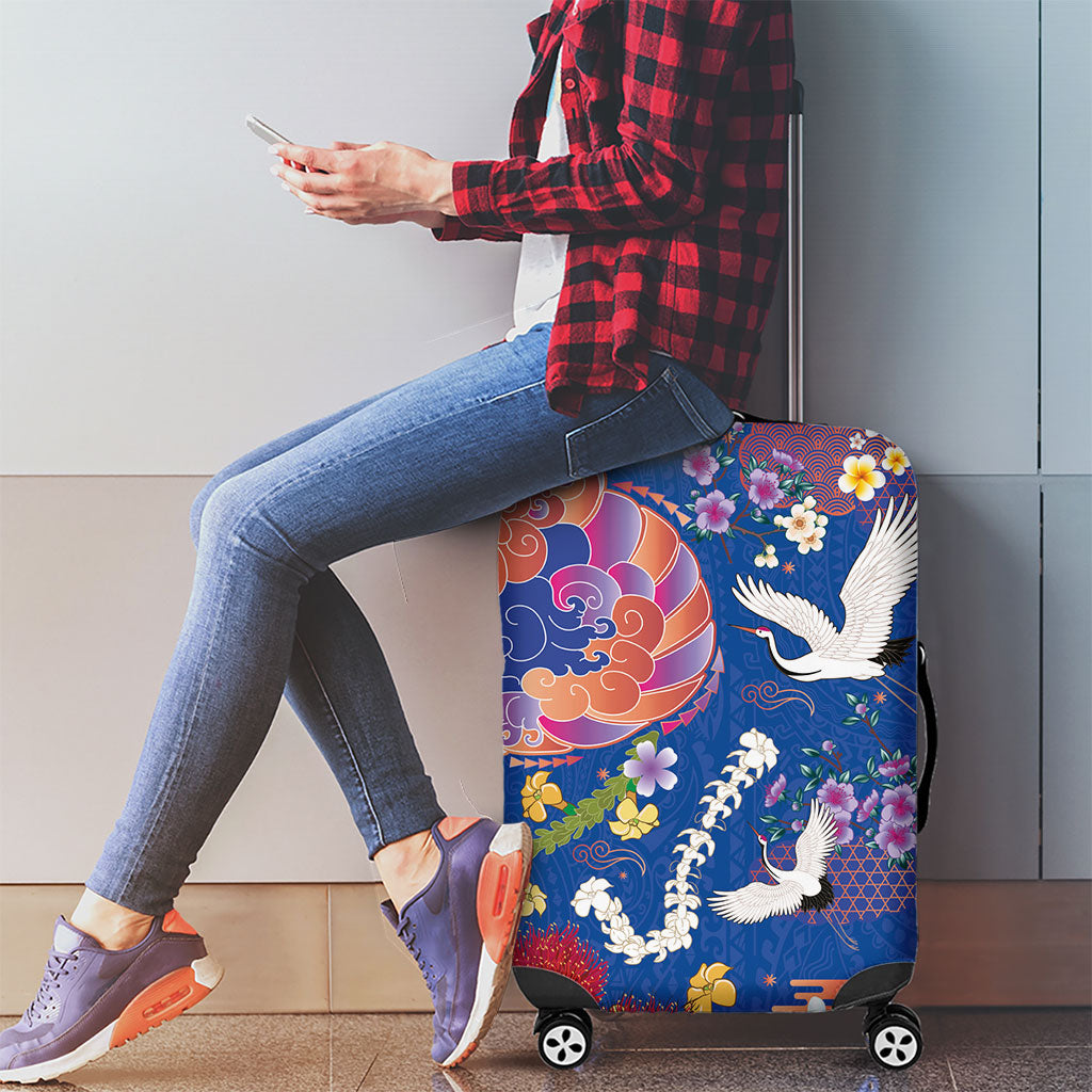 Hawaiian and Japanese Culture Together Luggage Cover Kakau Tribal Pattern and Irezumi Art Blue Color