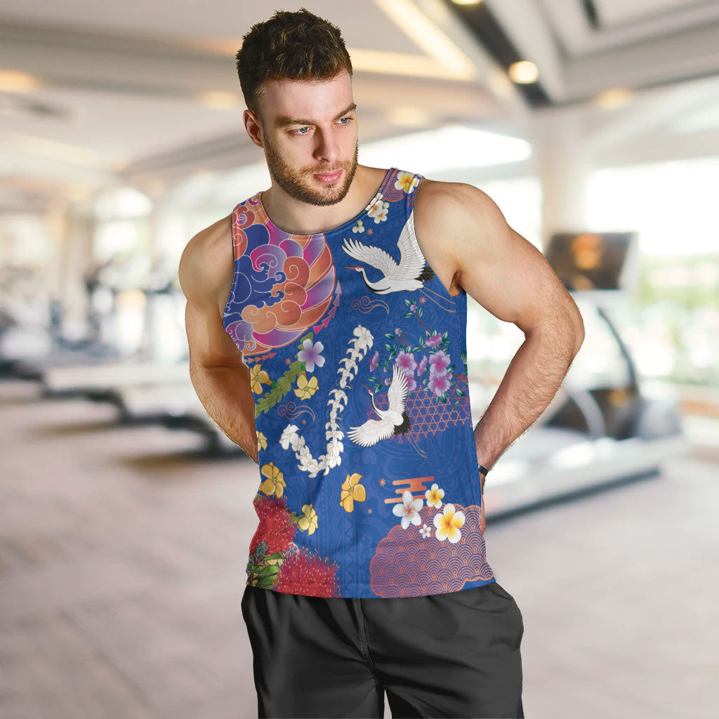 Hawaiian and Japanese Culture Together Men Tank Top Kakau Tribal Pattern and Irezumi Art Blue Color