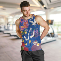 Hawaiian and Japanese Culture Together Men Tank Top Kakau Tribal Pattern and Irezumi Art Blue Color