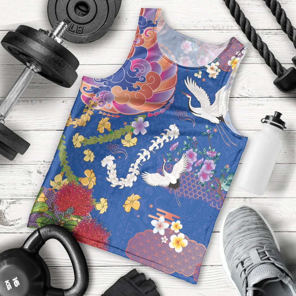 Hawaiian and Japanese Culture Together Men Tank Top Kakau Tribal Pattern and Irezumi Art Blue Color