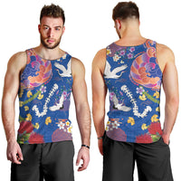 Hawaiian and Japanese Culture Together Men Tank Top Kakau Tribal Pattern and Irezumi Art Blue Color