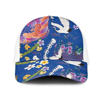 Hawaiian and Japanese Culture Together Mesh Trucker Cap Kakau Tribal Pattern and Irezumi Art Blue Color