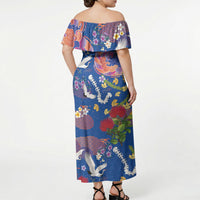 Hawaiian and Japanese Culture Together Off Shoulder Maxi Dress Kakau Tribal Pattern and Irezumi Art Blue Color