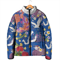Hawaiian and Japanese Culture Together Padded Jacket Kakau Tribal Pattern and Irezumi Art Blue Color