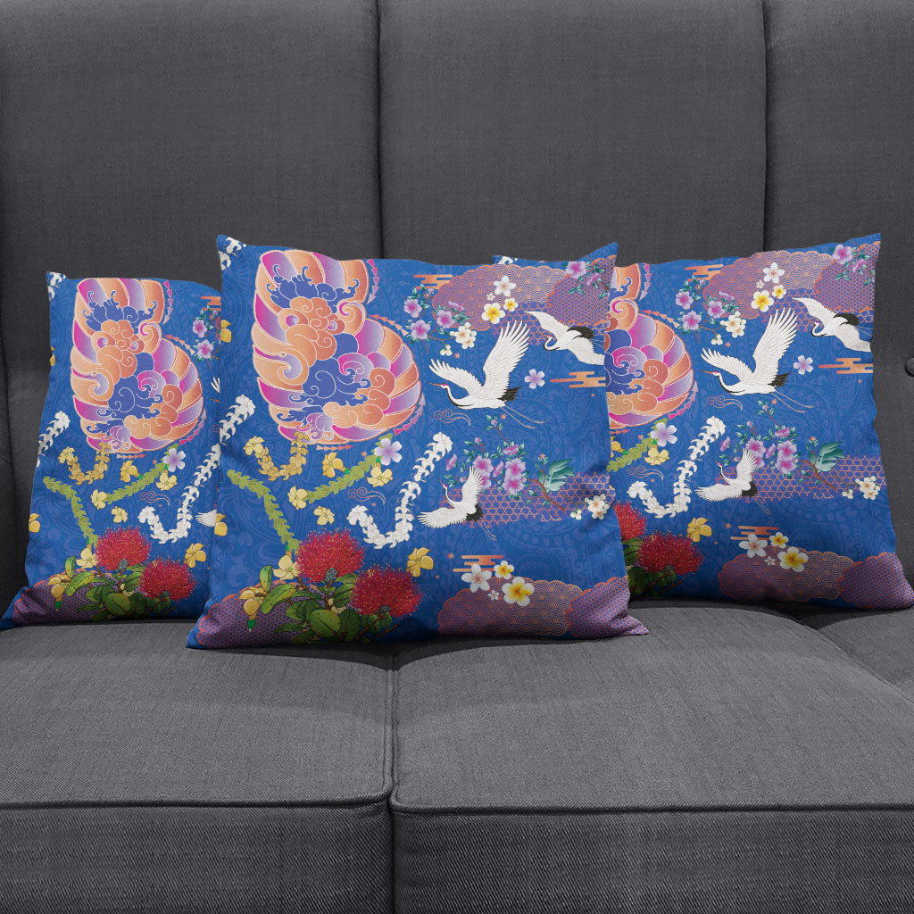 Hawaiian and Japanese Culture Together Pillow Cover Kakau Tribal Pattern and Irezumi Art Blue Color