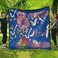 Hawaiian and Japanese Culture Together Quilt Kakau Tribal Pattern and Irezumi Art Blue Color