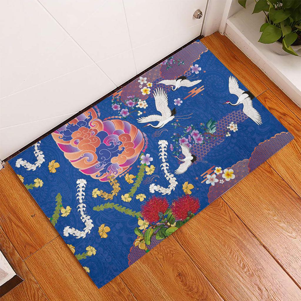Hawaiian and Japanese Culture Together Rubber Doormat Kakau Tribal Pattern and Irezumi Art Blue Color