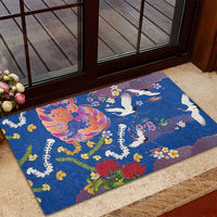 Hawaiian and Japanese Culture Together Rubber Doormat Kakau Tribal Pattern and Irezumi Art Blue Color
