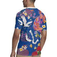 Hawaiian and Japanese Culture Together Rugby Jersey Kakau Tribal Pattern and Irezumi Art Blue Color