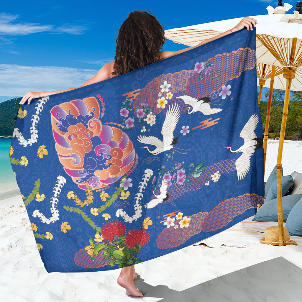 Hawaiian and Japanese Culture Together Sarong Kakau Tribal Pattern and Irezumi Art Blue Color