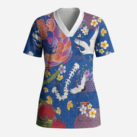 Hawaiian and Japanese Culture Together Scrub Top Kakau Tribal Pattern and Irezumi Art Blue Color