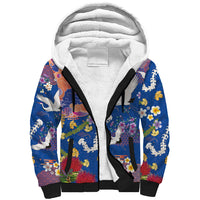 Hawaiian and Japanese Culture Together Sherpa Hoodie Kakau Tribal Pattern and Irezumi Art Blue Color