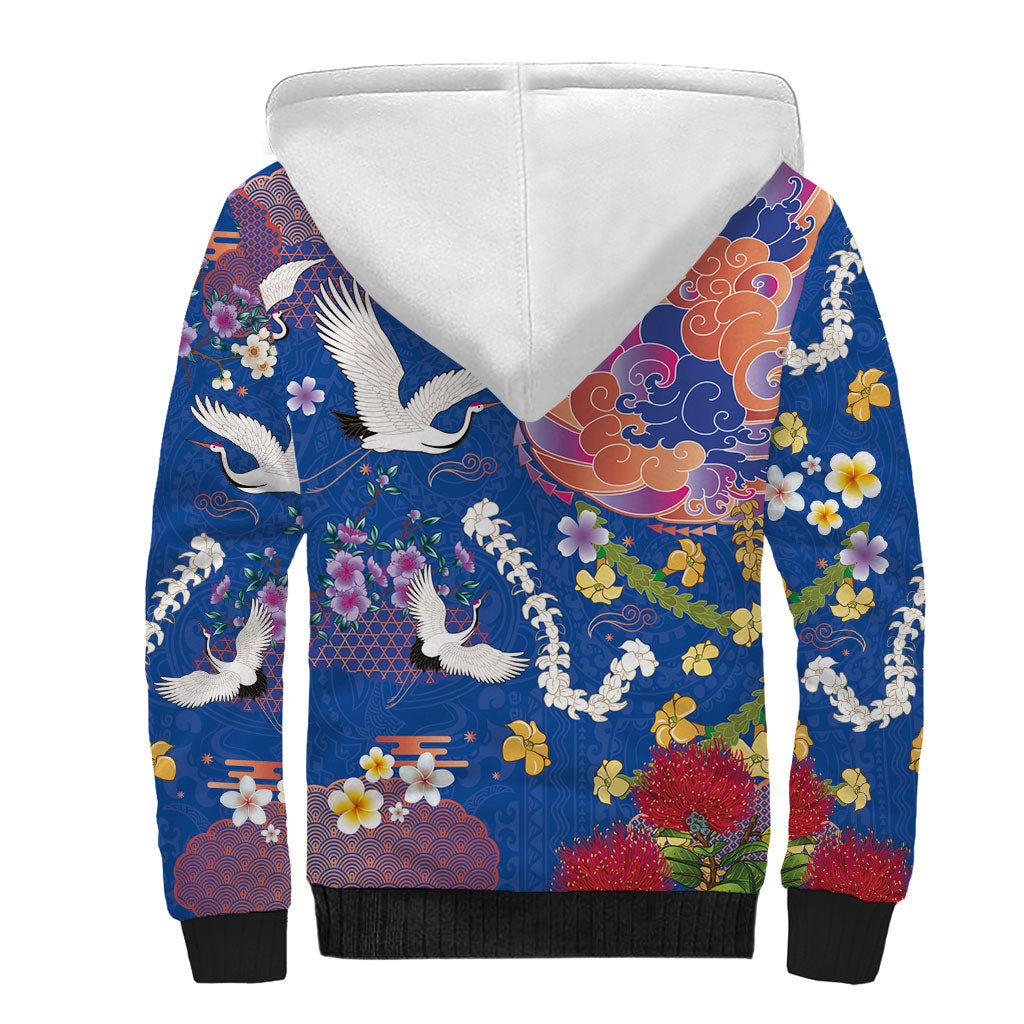 Hawaiian and Japanese Culture Together Sherpa Hoodie Kakau Tribal Pattern and Irezumi Art Blue Color