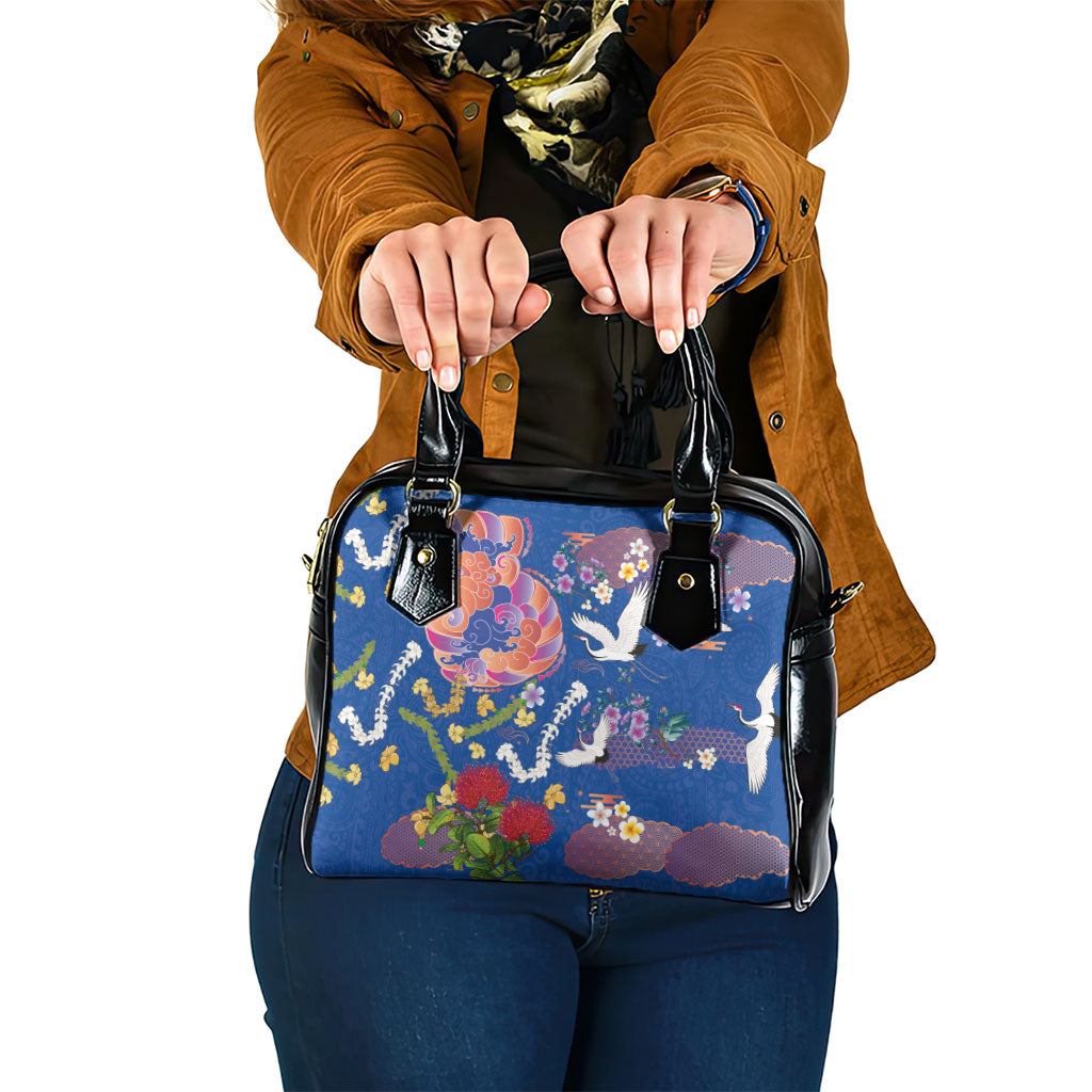 Hawaiian and Japanese Culture Together Shoulder Handbag Kakau Tribal Pattern and Irezumi Art Blue Color