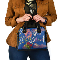 Hawaiian and Japanese Culture Together Shoulder Handbag Kakau Tribal Pattern and Irezumi Art Blue Color