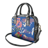 Hawaiian and Japanese Culture Together Shoulder Handbag Kakau Tribal Pattern and Irezumi Art Blue Color