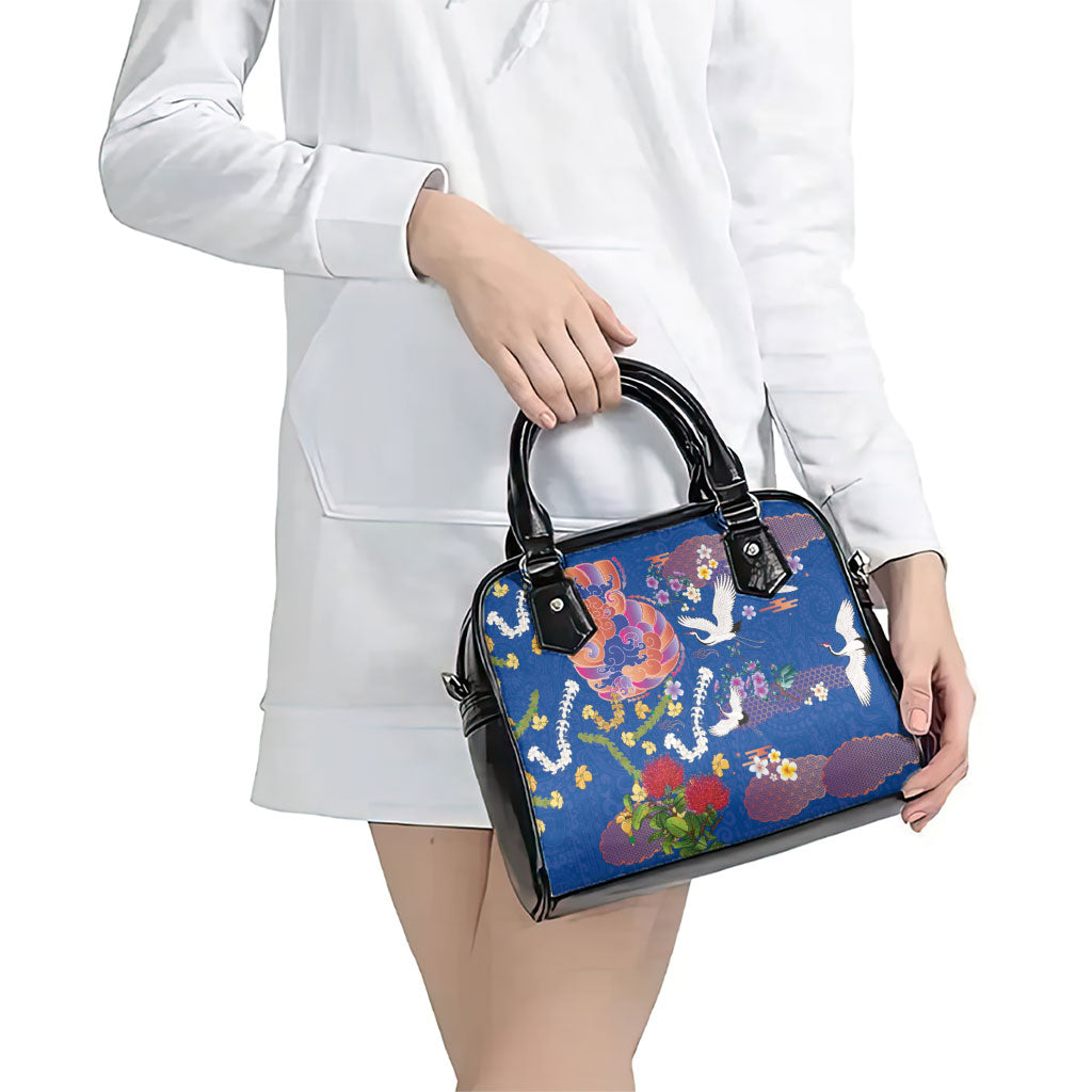 Hawaiian and Japanese Culture Together Shoulder Handbag Kakau Tribal Pattern and Irezumi Art Blue Color